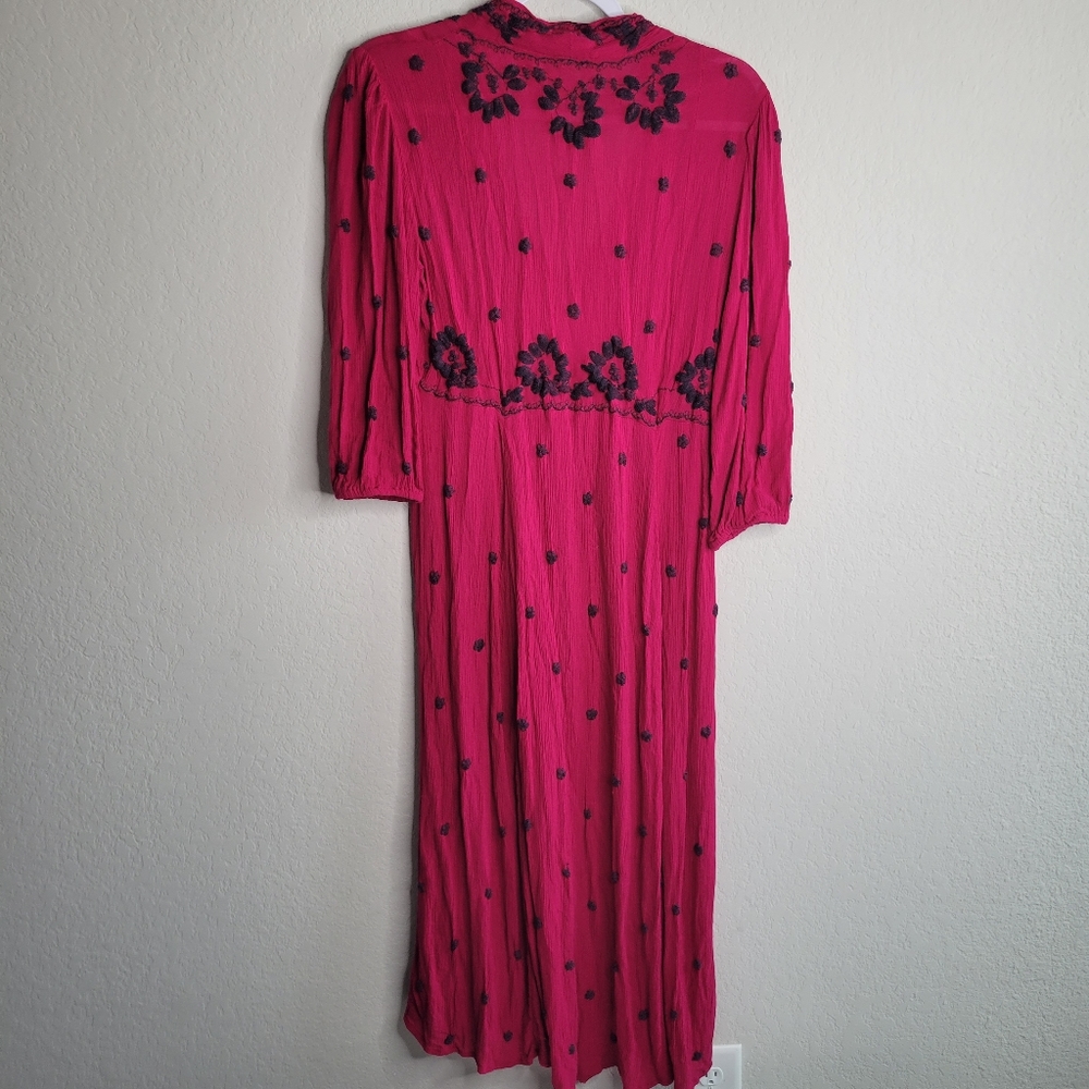 Free people embroidered boho maxi dress hot pink waist draw string size S - Picture 9 of 9